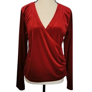 Tres You Deep V Surplice Neck Long Sleeve Ruched Ruby Red Velvet Top - Sz L